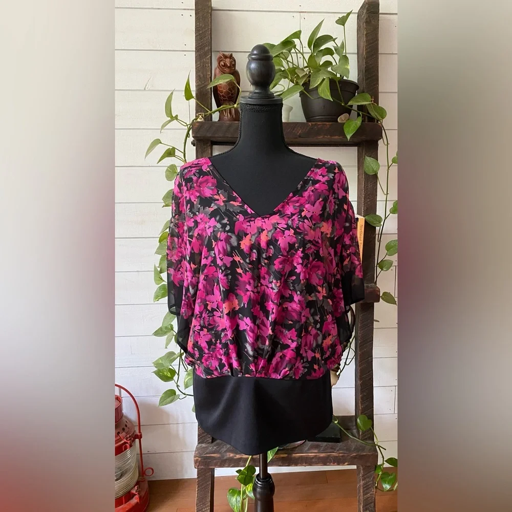 Elle: Pink and Black Floral Blouse with Cami